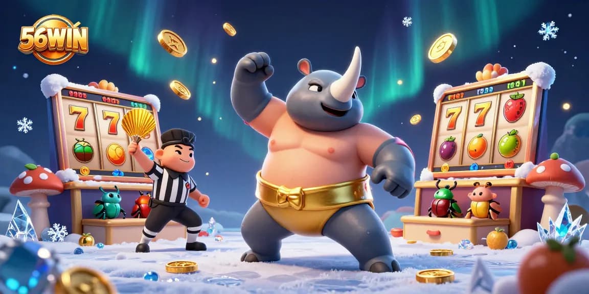 56WIN promotes an epic slot tournament with a beetle sumo champion and dazzling game elements.