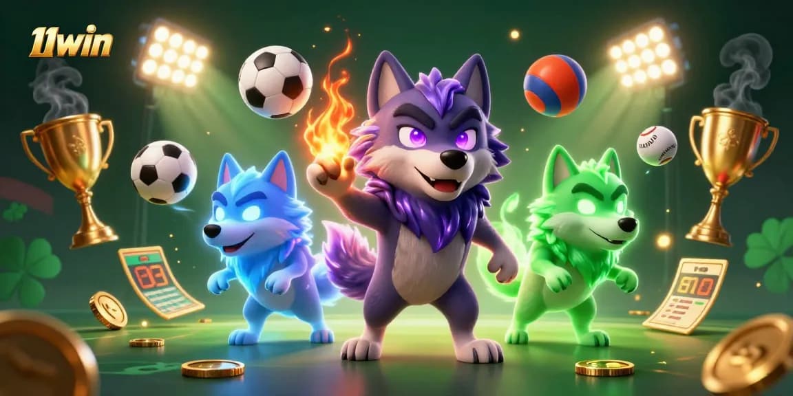 Experience thrilling sports betting excitement with 11WIN as cartoon wolves showcase dynamic action.