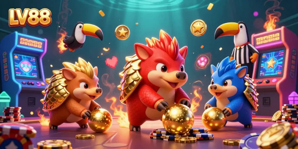Engage with LV88's thrilling casino games as pangolins compete in a vibrant arcade scene.