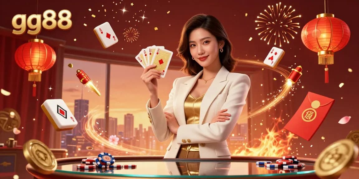 Win big at gg88 with a glamorous Asian casino representative amidst celebration and gaming elements.