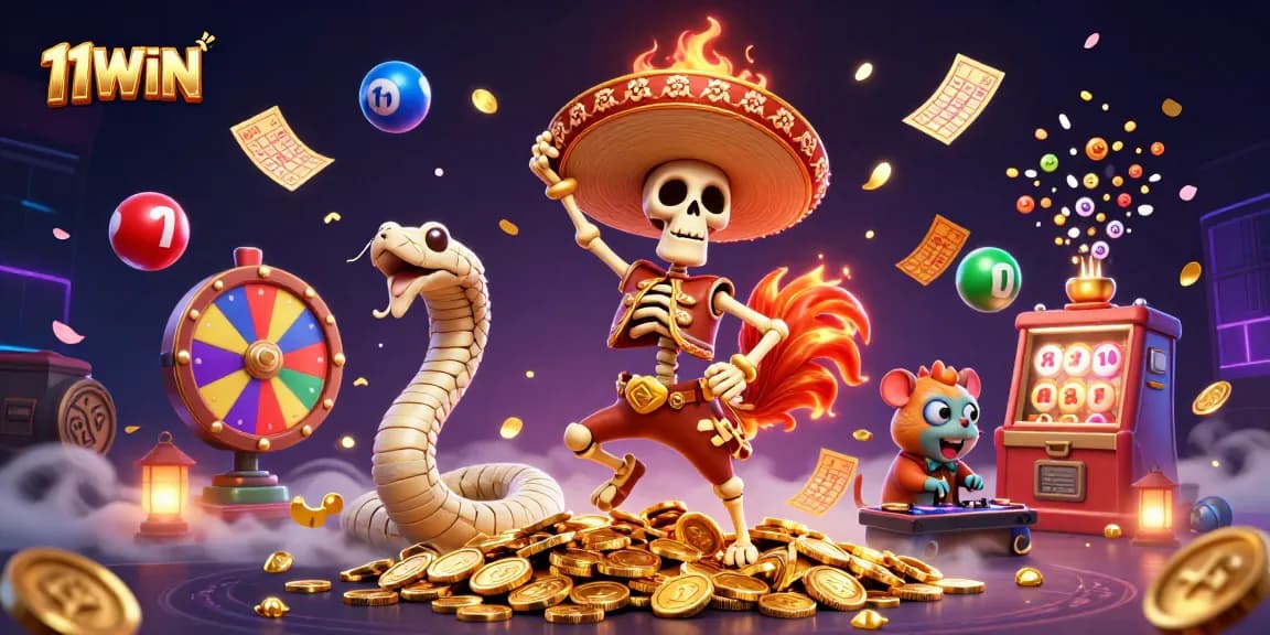 Animated scene of 11WIN with festive characters celebrating amidst lottery balls and gaming elements.