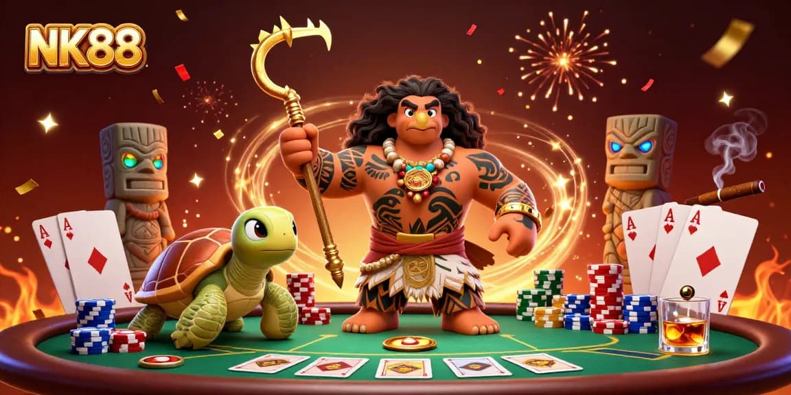 Engage in thrilling gameplay at NK88 with a vibrant 3D casino scene featuring poker action and dynamic characters.