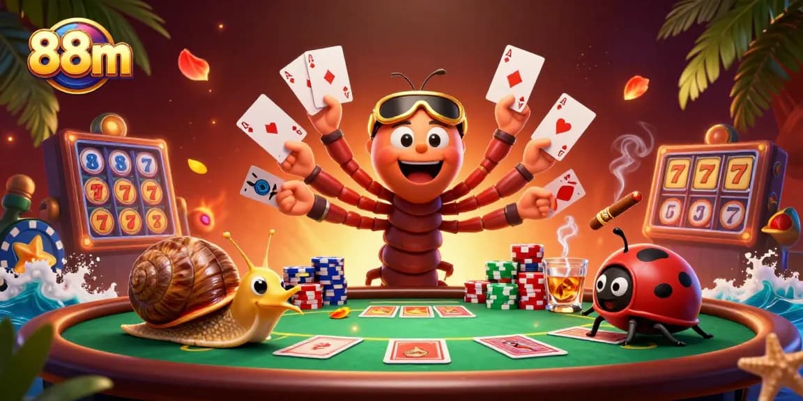 Experience the excitement of 88m with a vibrant casino scene featuring a millipede dealer and stacked chips.