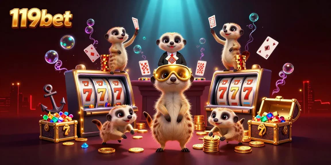 Experience thrilling gaming action at 119bet with playful meerkats in a vibrant casino setting.