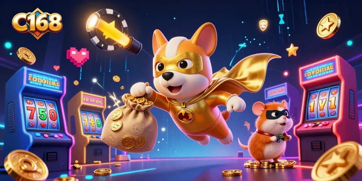 C168 engages players with a dynamic scene of a superhero dog flying, surrounded by slot game elements and glowing arcade machines.