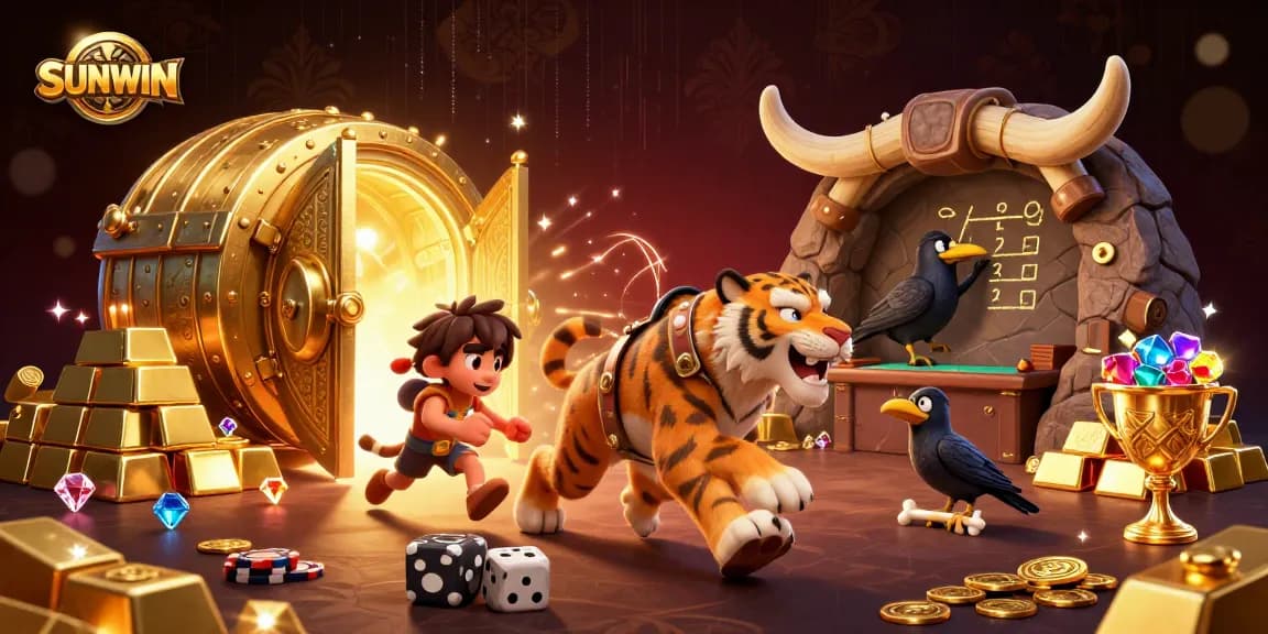 SUNWIN showcases an exciting prehistoric casino scene with cavemen, treasure, and vibrant elements.