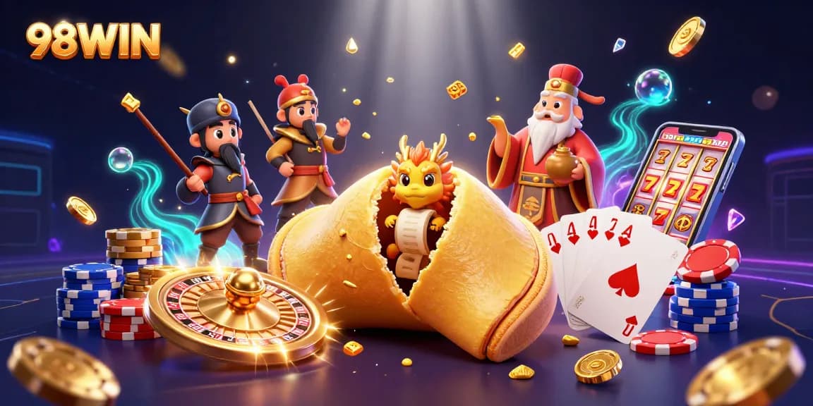 Win big with 98WIN, featuring animated gambling icons and vibrant casino scenes.
