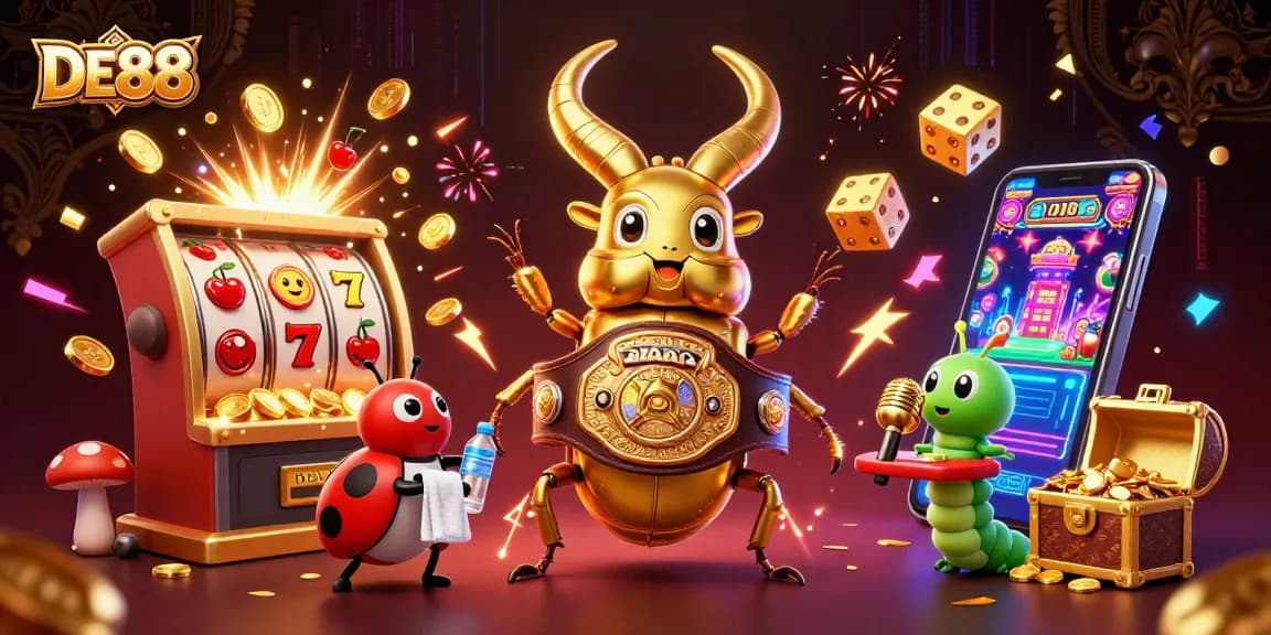 Join the excitement of DE88 with a captivating illustration featuring a golden stag beetle boxing champion.