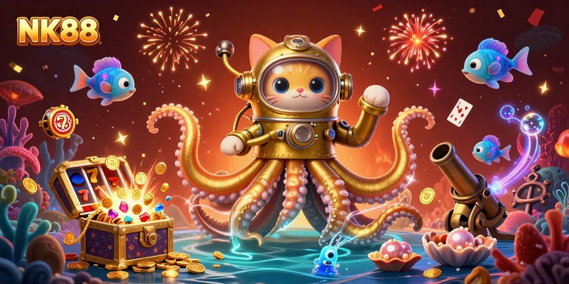 Experience explosive excitement at NK88 with a kraken, diving cat, and treasures in a vibrant casino scene.