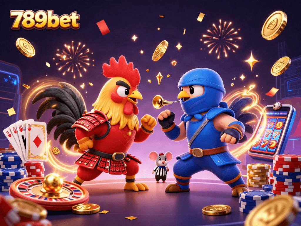 Battle for winnings in 789bet's vibrant casino scene with fighting roosters and gold coins.