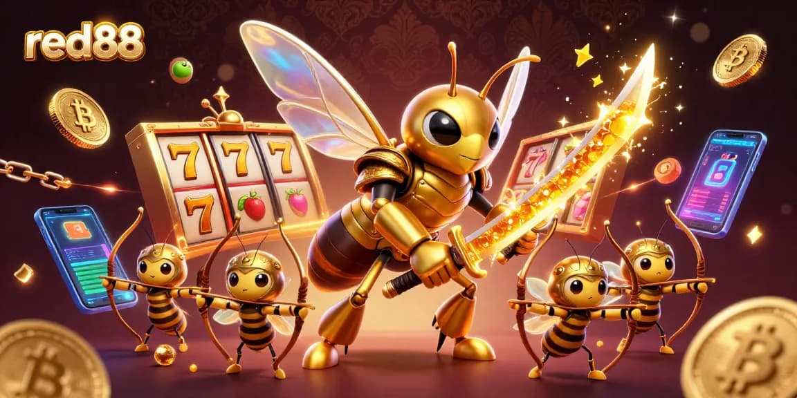 Experience thrilling slots at red88 with a golden hornet in vibrant samurai armor and crypto elements.