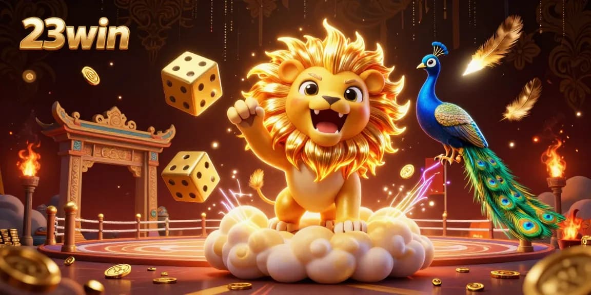 Engage with 23win's exciting casino world, featuring a roaring sun lion and golden dice in dynamic play.
