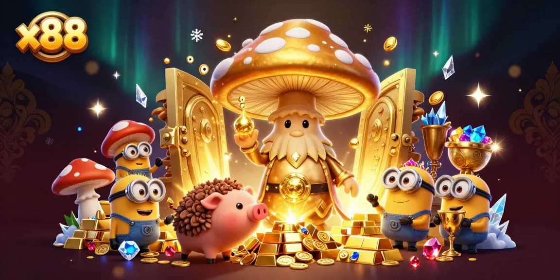 x88 captures a magical casino scene with a golden wizard and treasures illuminating the night.