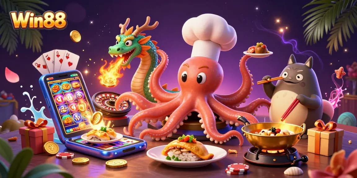 Win88 animated scene showcasing a vibrant casino atmosphere with characters preparing golden dishes while playing slots.