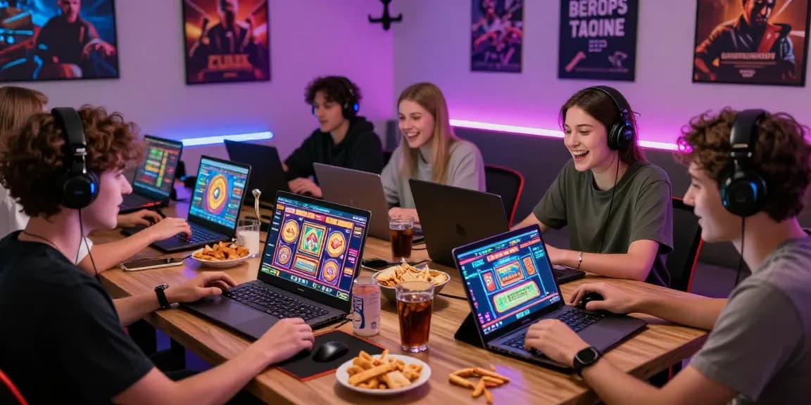 Exciting gaming atmosphere with friends playing on oppa86 platform, showcasing vibrant slot game action and cozy setup.