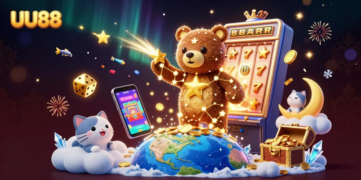 Engage with exciting games at UU88, where a charming constellation bear gathers treasures and jackpots.