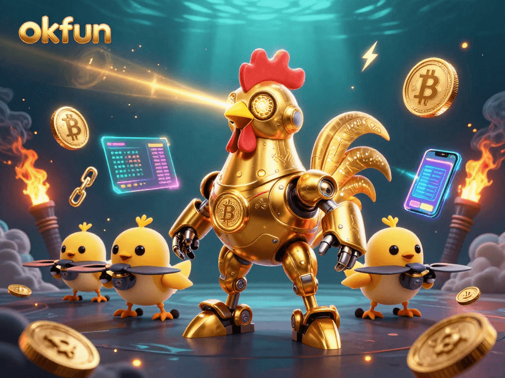 Engage in thrilling gameplay at okfun featuring a golden rooster robot and crypto elements.