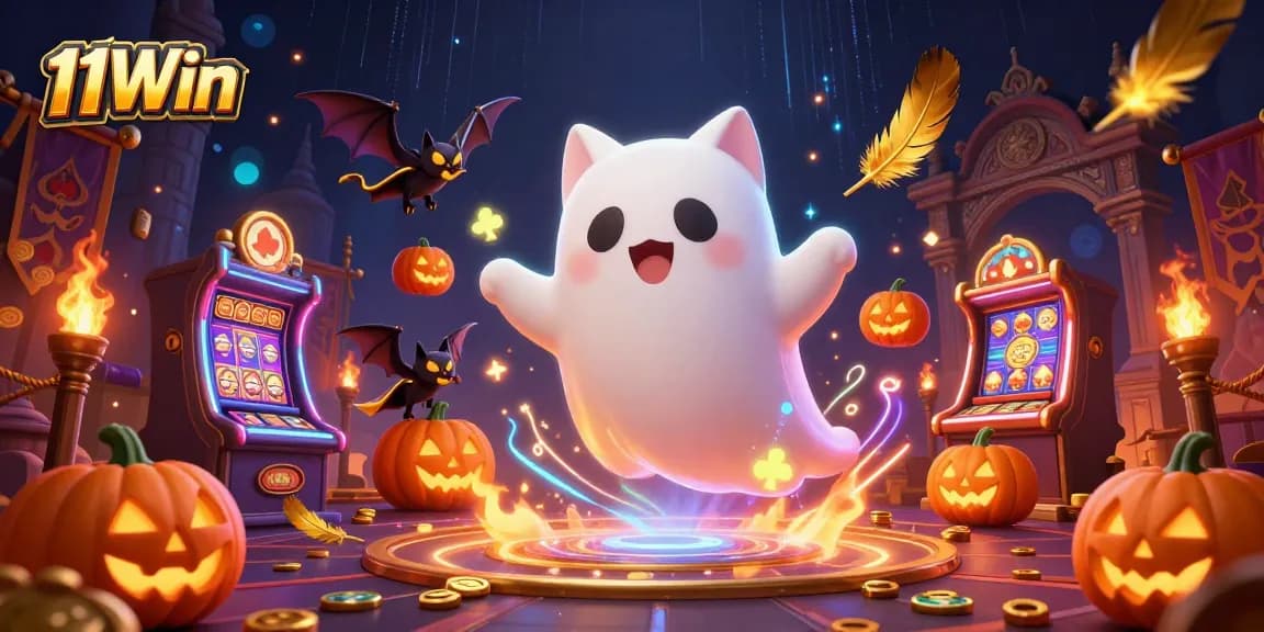 Experience thrilling gameplay at 11Win with engaging ghost cat characters amidst a vibrant casino scene.