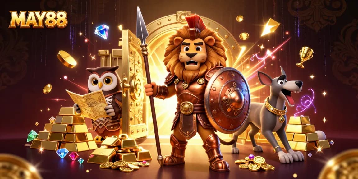 MAY88's Spartan lion and tactical owl welcome players into a treasure-filled casino world.
