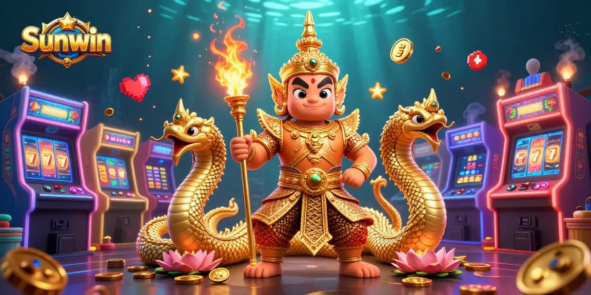 Engage with Sunwin's vibrant gaming scene featuring classic slots and 3D cartoon characters in a dynamic casino environment.