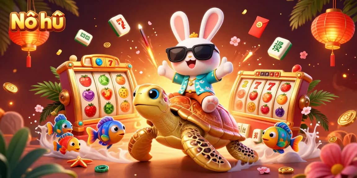 Nổ hũ reveals big wins with slots and treasures, highlighted by a lucky rabbit and sea turtle.