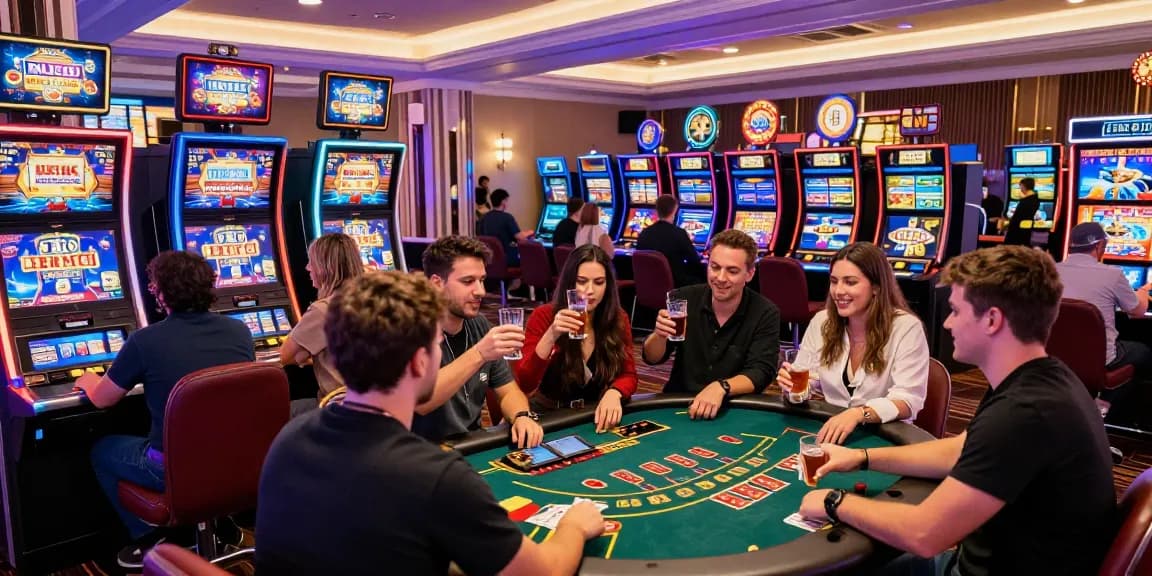 KO66 casino players enjoying games in a modern vibrant environment, celebrating wins and engaging with exciting offers.