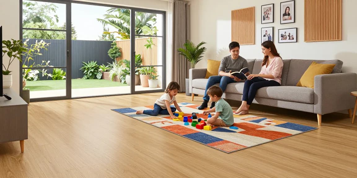 Modern acoustic flooring UK in a stylish living room with a family enjoying quality time.