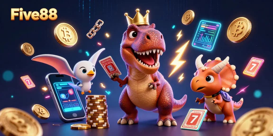 Engage with Five88's exciting gaming world, featuring a T-Rex and friends immersed in vibrant casino activities.
