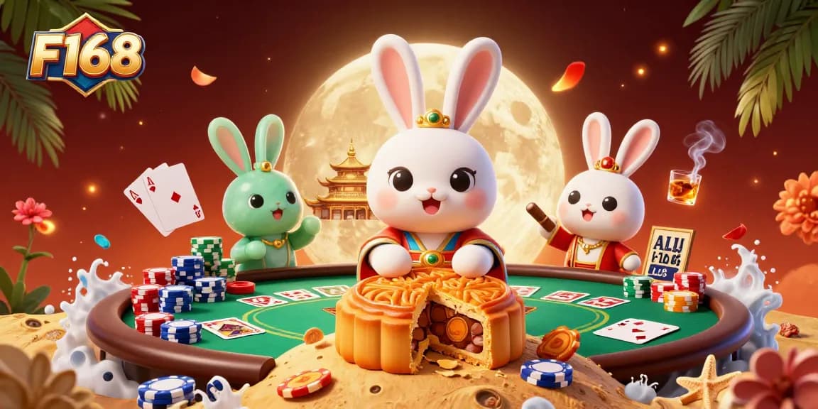 Engage in F168's thrilling casino experience with vibrant poker and lunar-themed elements.