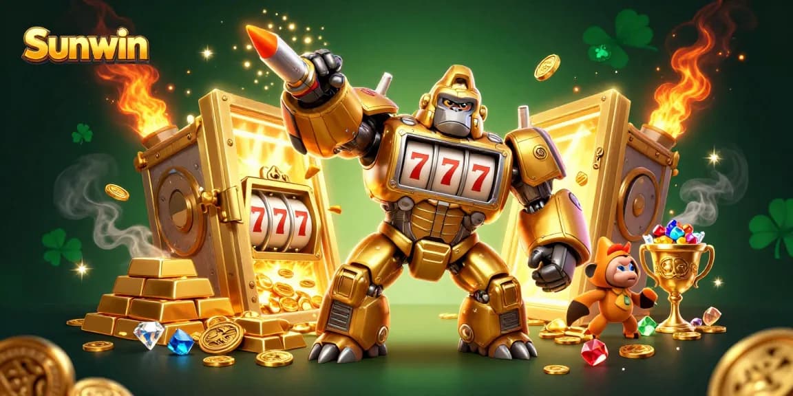 Experience Sunwin's gaming thrills with a dynamic golden gorilla mech and treasures exploding in gold.