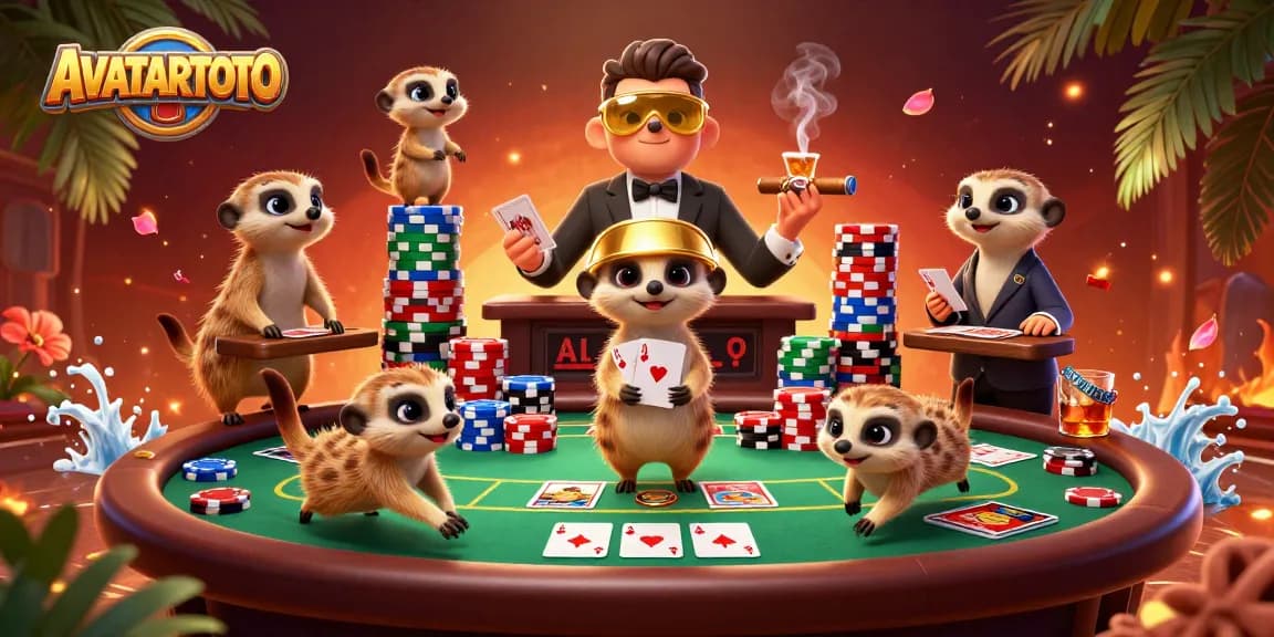 AVATARTOTO meerkats oversee a colorful casino with poker tables and chips in a vibrant scene