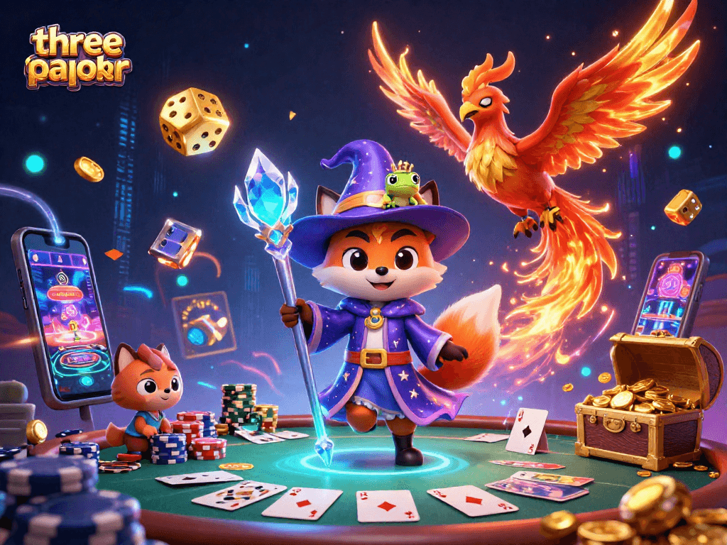Engage in three card poker with vibrant characters and dynamic game elements in this enchanting illustration.