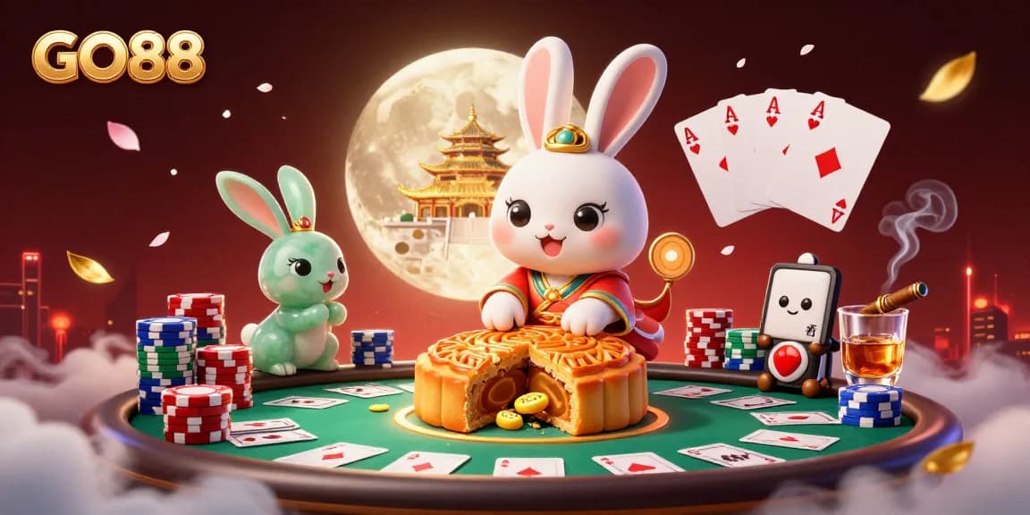 Experience the excitement of GO88 with a vibrant illustration of gambling elements and dynamic characters.