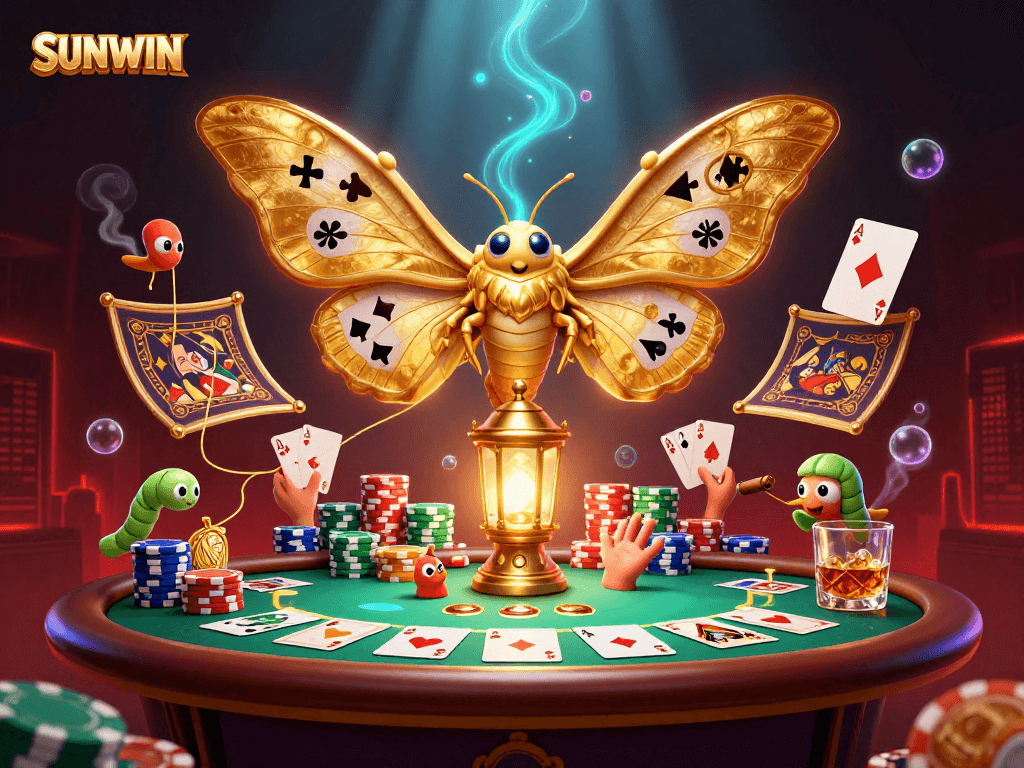 SUNWIN captivates with a vibrant 3D casino scene showcasing poker elements and an atlas moth