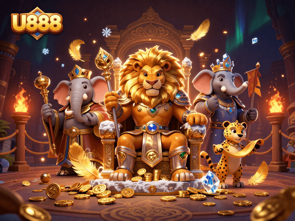 U888 showcases a fierce lion king and friends in a lavish casino scene amid dynamic game elements.