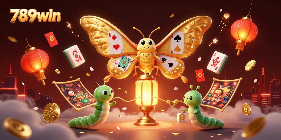 Engage in thrilling games with 789win featuring a majestic atlas moth and vibrant casino elements in a festive scene.