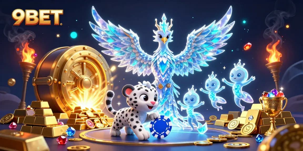 Engage with 9BET's spectacular scene featuring an ice phoenix and a snow leopard amidst rich casino treasures.