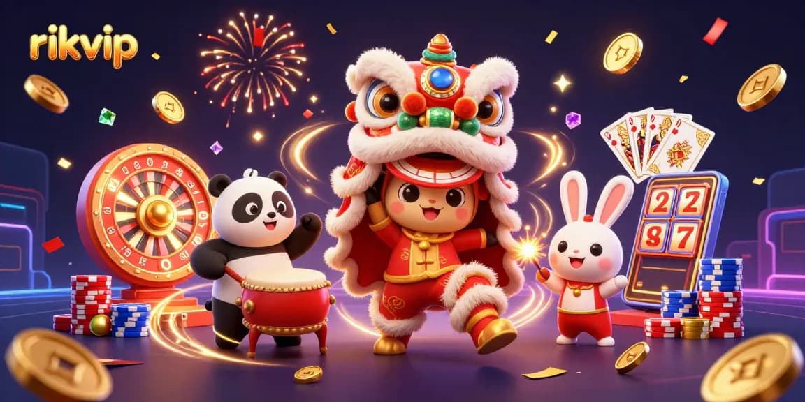 Experience the excitement of rikvip with festive lion dance and vibrant casino elements.