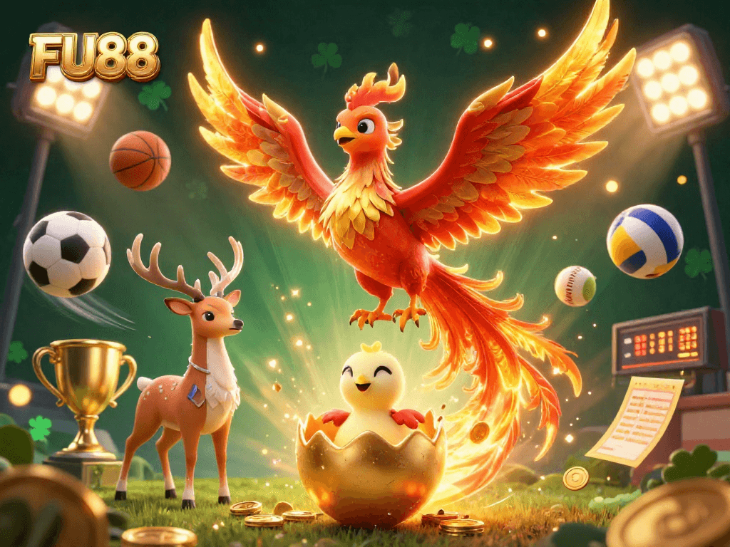 Experience excitement at FU88 with a dynamic scene featuring a phoenix and sports elements.