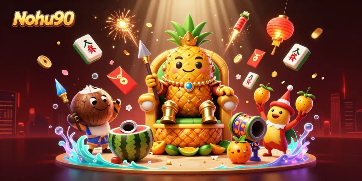 Nohu90 showcases a vibrant online casino scene with a golden pineapple king and dynamic slot reels.