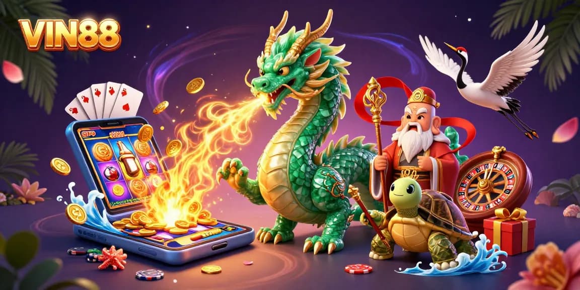 Experience thrilling wins with VIN88 featuring a majestic dragon, lucky cranes, and exciting game elements.