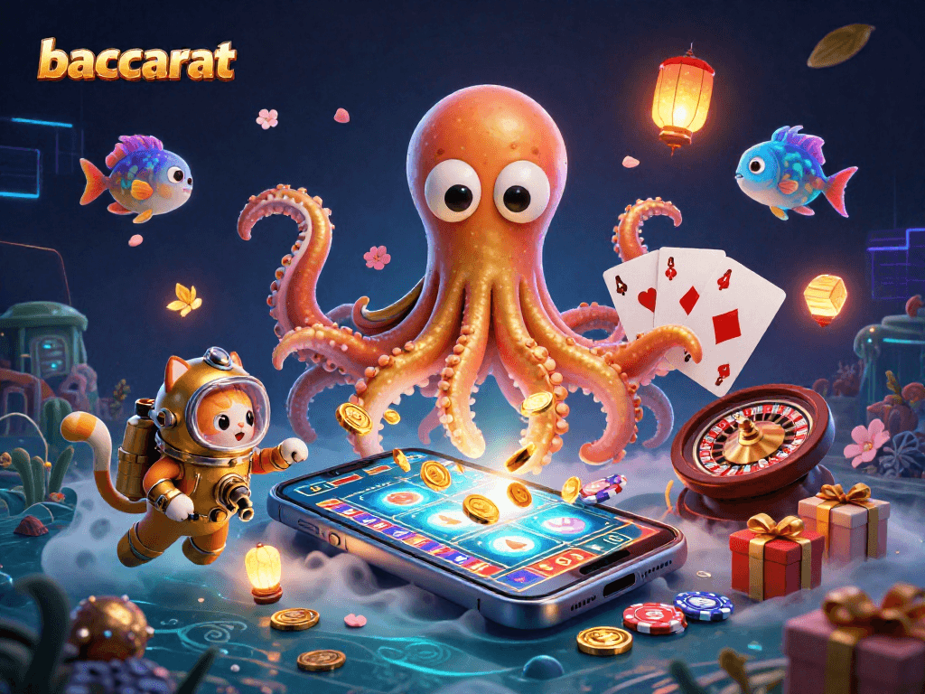 Baccarat game illustration featuring a kraken, diving cat, and vibrant casino elements.
