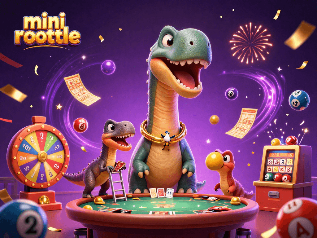 Engage with mini roulette in this colorful casino scene featuring a tall brontosaurus and clever raptor.