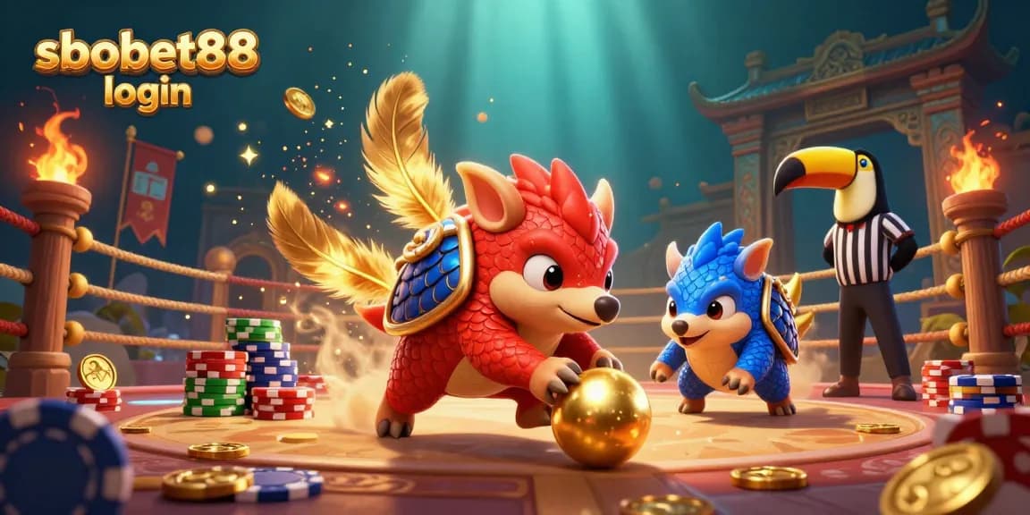 SboBet88 login scene featuring rival pangolins bowling through poker chips in a dynamic casino atmosphere.