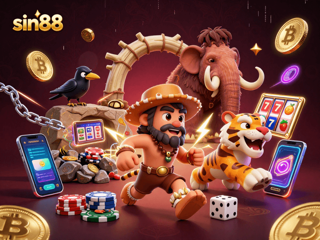 Experience sin88's thrilling prehistoric casino scene with cavemen and crypto elements.
