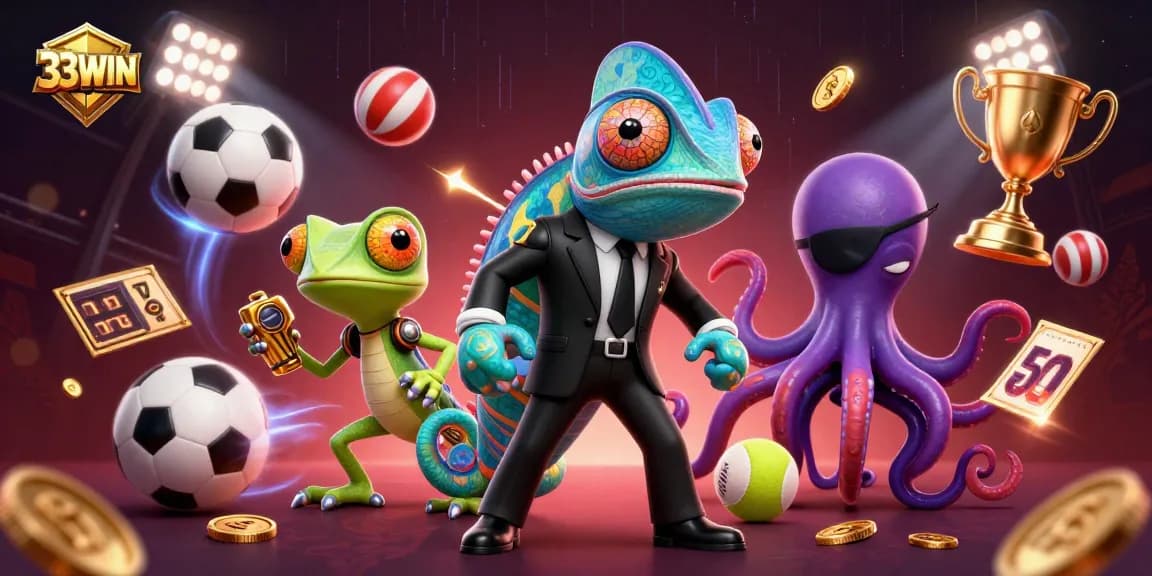 Experience the thrill of 33WIN with vibrant casino elements in this dynamic illustration.