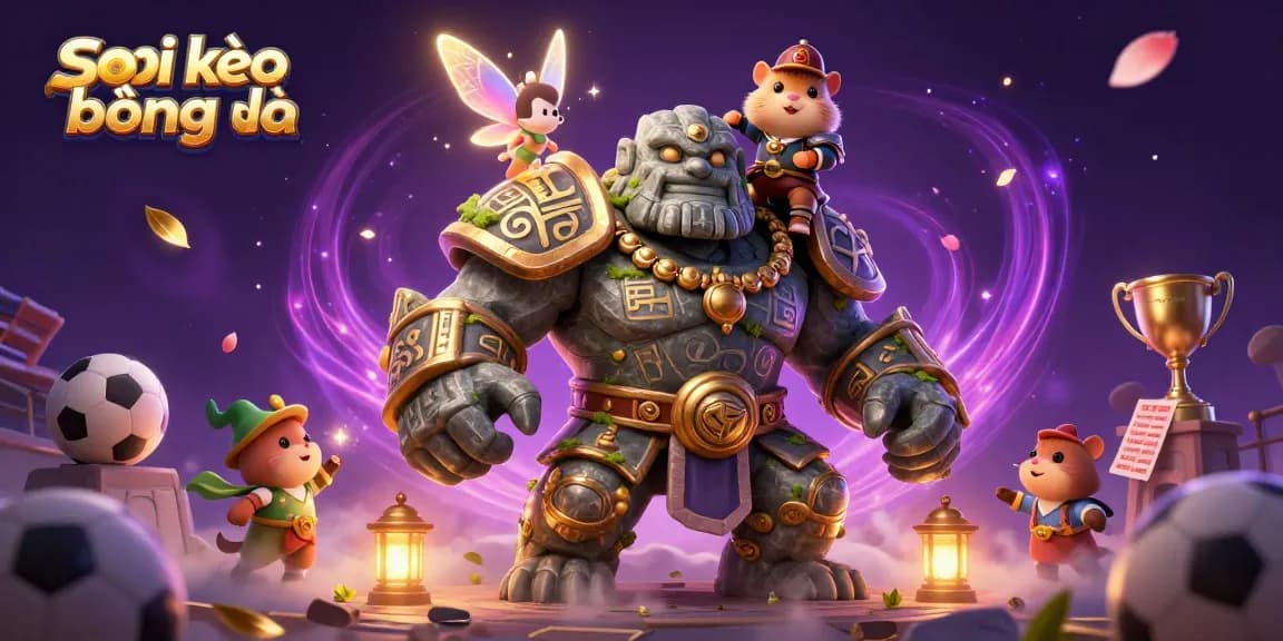 Soi kèo bóng đá illustration depicting a 3D golem guardian, fairy, and hamster knight among dynamic betting elements.