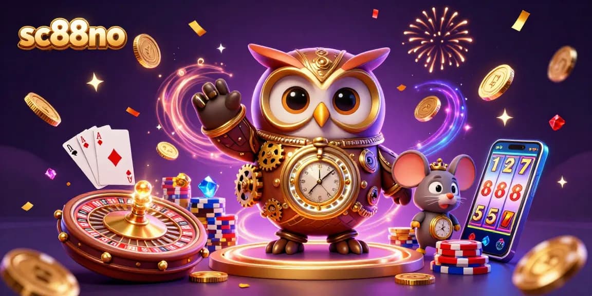 sc88no showcases a vibrant 3D casino scene with a time-traveler owl and mystical elements, enhancing your gaming excitement.