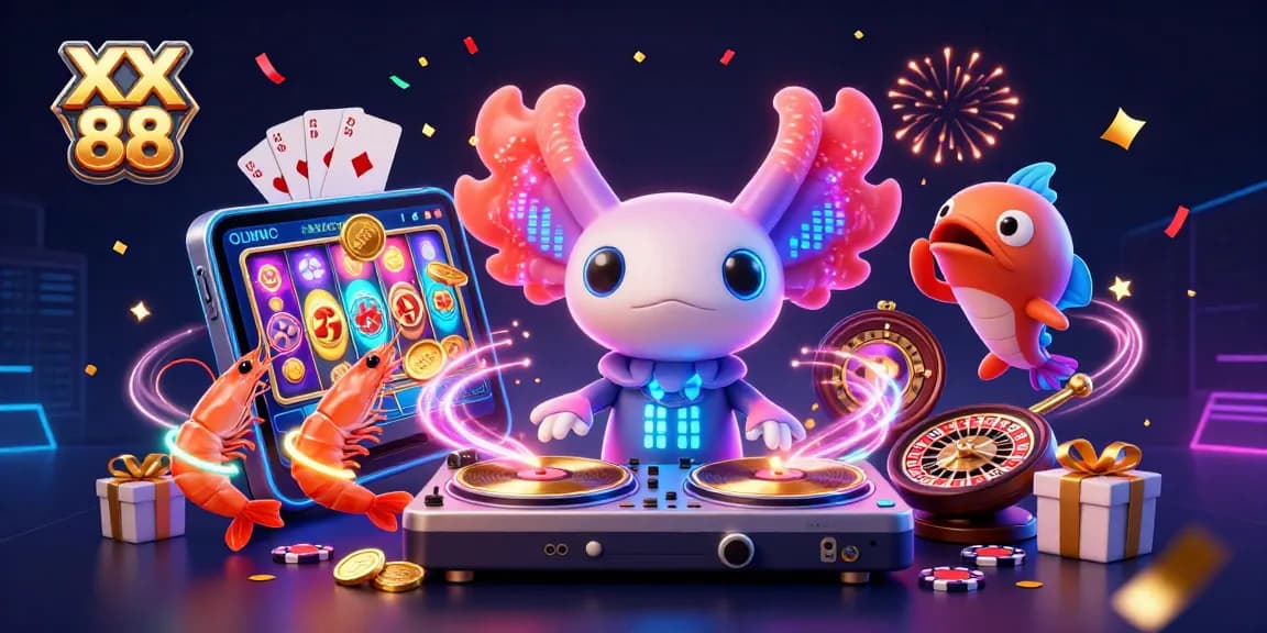 Experience the thrill of XX 88 with a neon-themed underwater casino party featuring dynamic characters and vibrant game elements.