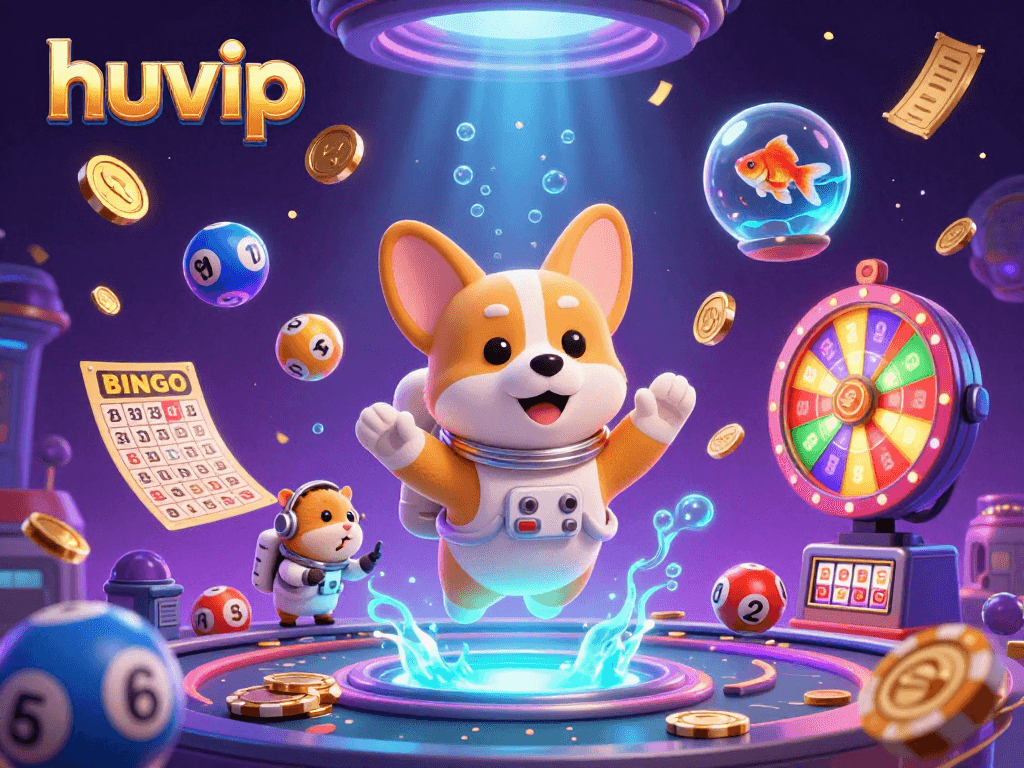 Experience thrilling gameplay at huvip with a vibrant casino scene featuring an astronaut corgi.